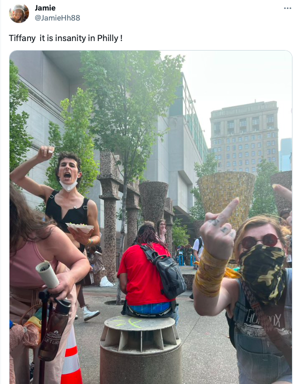 Left-wing agitators harassing Moms for Liberty members in Philadelphia